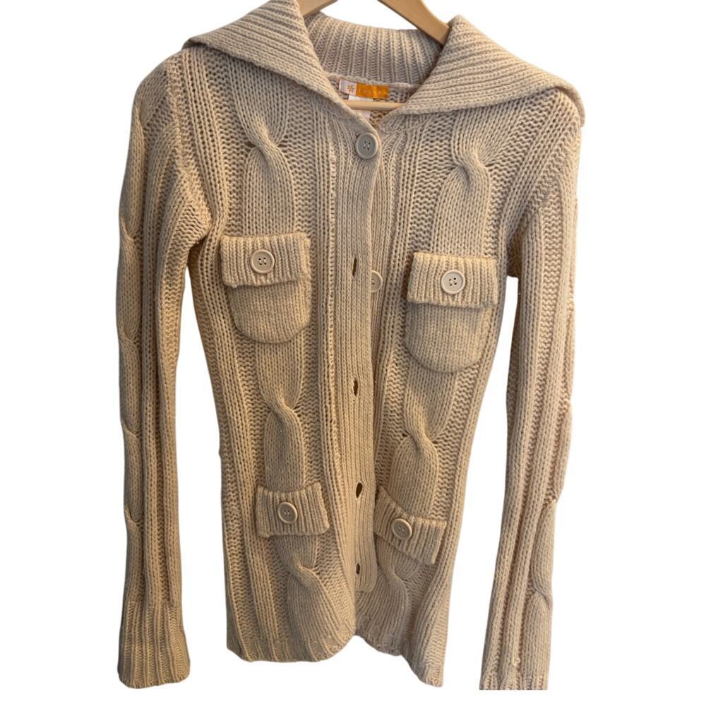 Tulle Size Small Beige Cable Knit Button Up Cardigan Wide Collar Vintage Look